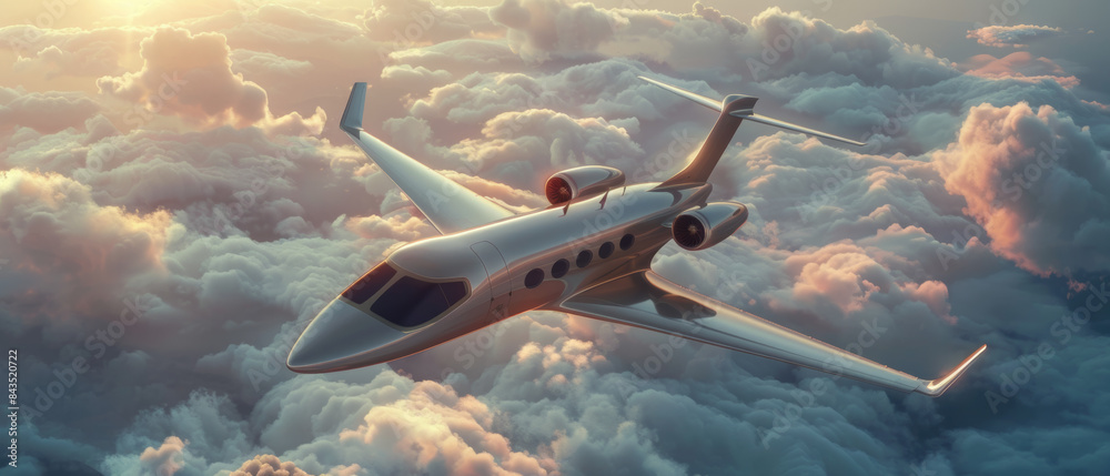 Obraz premium A luxurious private jet glides smoothly above a breathtaking cloudscape during a golden hour, embodying the essence of grandeur and freedom.