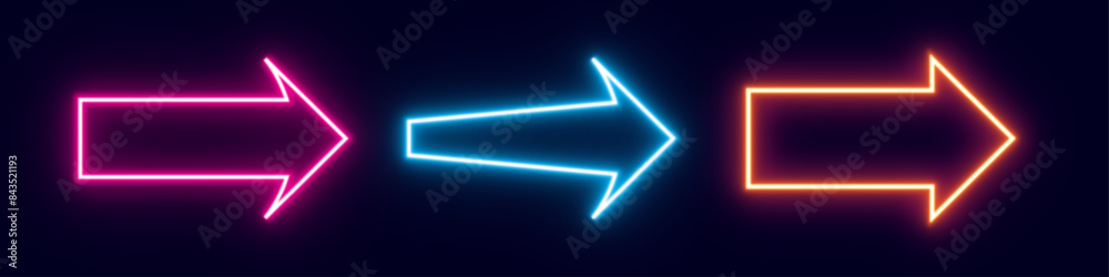 neon arrow icon with blue  violet and orange bright light on dark background. three ( 3 ) arrows sign vector for element of ilustration design 