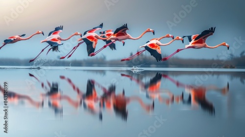 Flock of Flamingos Taking Flight Over Water photo