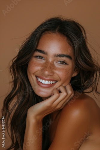 Beautiful woman in studio for hair, treatment, and cosmetics on brown background. Haircare, face, and girl grin for natural, curly, wavy, texture, or keratin, confidence and texture