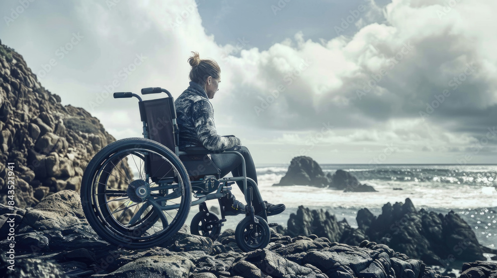 Obraz premium A woman in a wheelchair sits on a rocky coastline overlooking the ocean. The cloudy sky and turbulent water create a dramatic backdrop for her contemplative pose