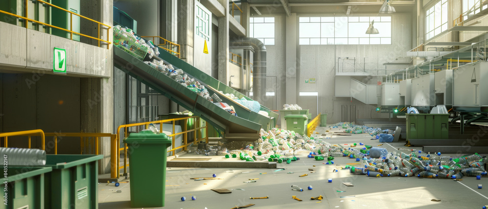 Production Cluttered A cluttered recycling plant with scattered plastic bottles and cans on ...