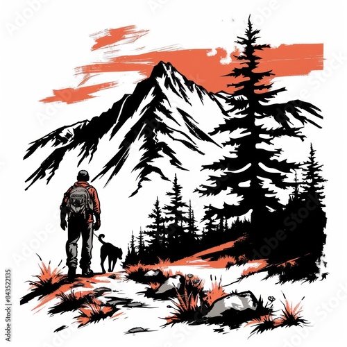 hiking man with dog exploring the mountains vector illustration