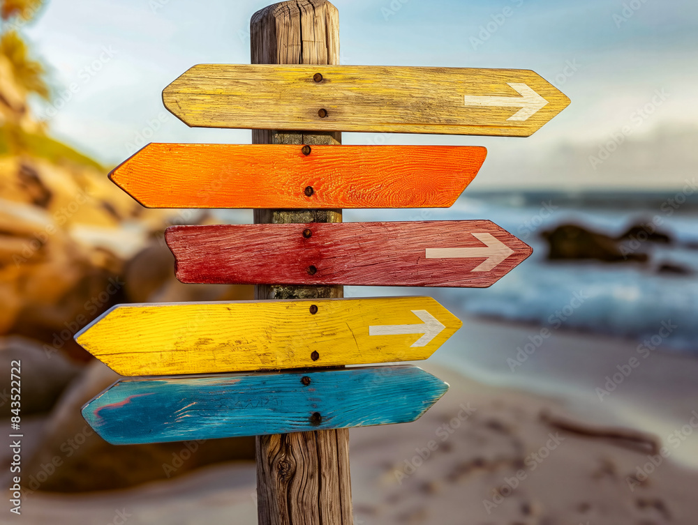 A wooden sign with a yellow arrow pointing to the left and a red arrow pointing to the right