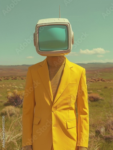A conceptual photo depicting a figure with a TV head in a yellow suit standing in a desert