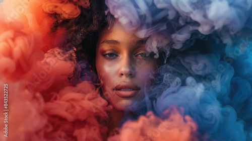 A woman with dark hair poses with her face framed by vibrant red and blue smoke. The image has a soft and ethereal quality