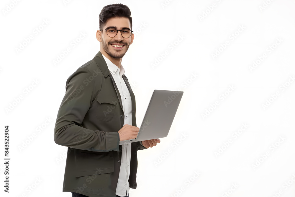 Portrait of young modern businessman standing holding laptop isolated on white background Portrait of young modern businessman standing holding laptop isolated on white background