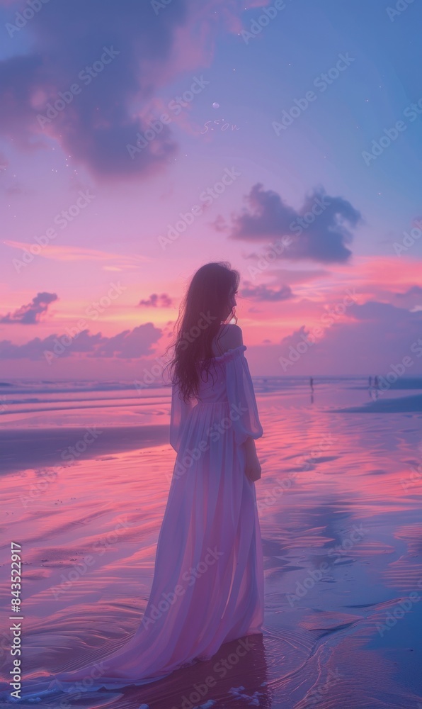 A dreamy image of a woman in a white dress standing on the beach, admiring the sunset and reflective waters A dreamy image of a woman in a white dress standing on the beach, admiring the sunset and reflective waters