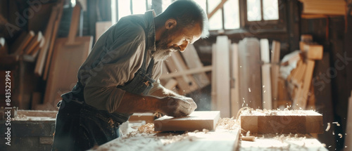 An elderly woodworker intensely focuses on crafting with precision amidst scattered wood chips in a warmly lit workshop.