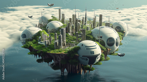 Sustainable Futuristic City Architecture, Artificial Floating Island in the Sea. Modern Luxury, Biotech Green Design. New Energy Sources. Addressing Ecology, Climate Change, Overpopulation, Ocean Rise photo