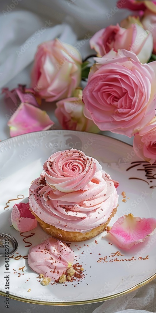 An image featuring a single cupcake with pink frosting, decorated with rose petals, on a sophisticated plate An image featuring a single cupcake with pink frosting, decorated with rose petals, on a sophisticated plate