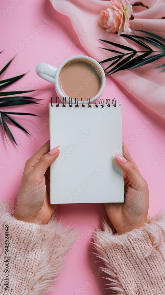 Obraz premium Hands hold a spiral notepad above a pink backdrop with a coffee cup and flora, conveying a creative or planning concept