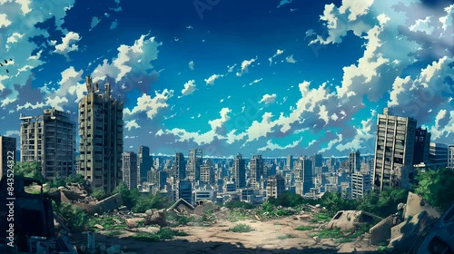The city was abandoned after the disaster. Anime or digital painting style, looping 4k video animation background photo
