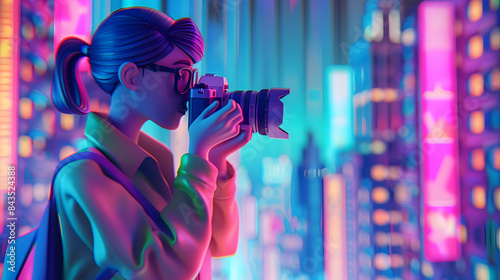 3D character photographer with a camera on a vibrant cityscape background  © Oleksandr
