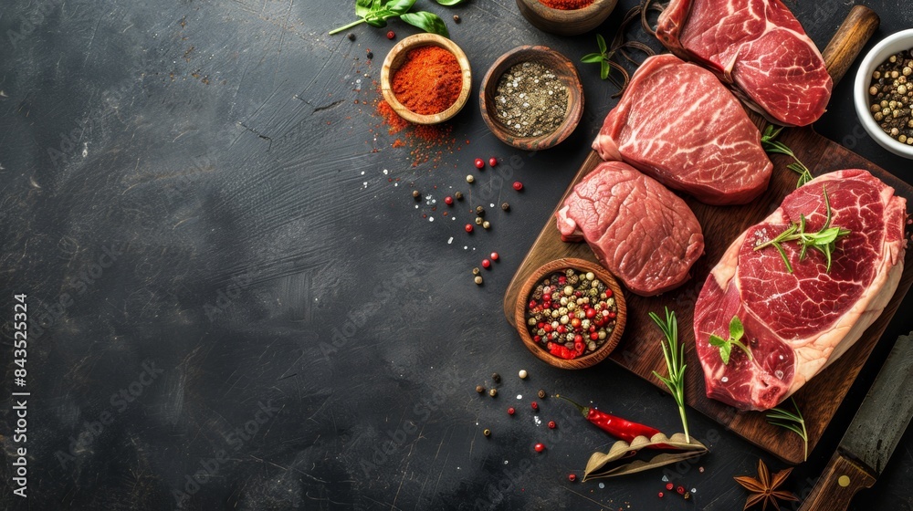 Raw fresh beef steaks on a dark wooden cutting board with spices. Raw fresh beef steaks on a dark wooden cutting board with spices.