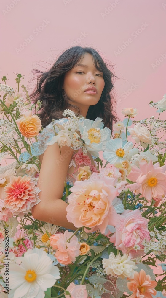 Soft pastel-hued portrait of a woman surrounded by gentle blooms, suggesting grace Soft pastel-hued portrait of a woman surrounded by gentle blooms, suggesting grace