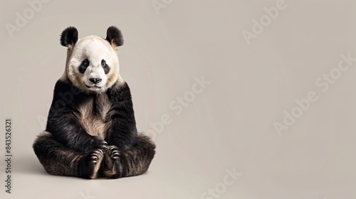 A cute Qinling Panda sitting on a solid background with space above for text, Generative AI © Photochanu