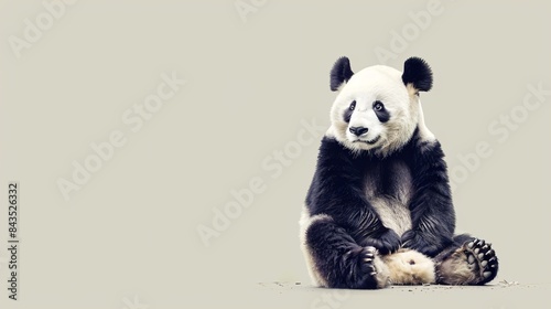 A cute Qinling Panda sitting on a solid background with space above for text, Generative AI © Photochanu
