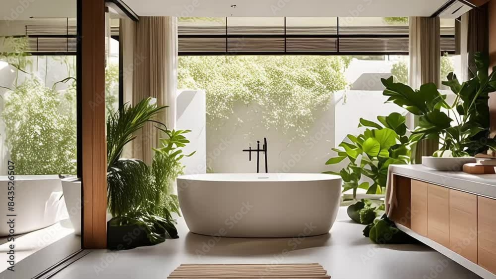 Interior of light bathroom with bathtub and plants in modern apartment Interior of light bathroom with bathtub and plants in modern apartment