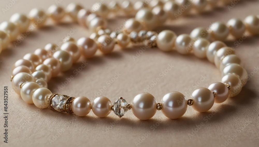 Sophisticated Pearl Necklace resting on a delicate beige backdrop, evoking timeless elegance and refinement. Sophisticated Pearl Necklace resting on a delicate beige backdrop, evoking timeless elegance and refinement.