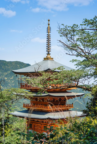 View with Seiganto ji Temple Sanjuno to 3 Storied Pagoda in Nachikatsuura, Wakayama, Japan photo