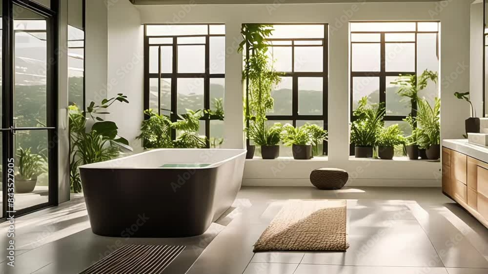 Interior of light bathroom with bathtub and plants in modern apartment Interior of light bathroom with bathtub and plants in modern apartment