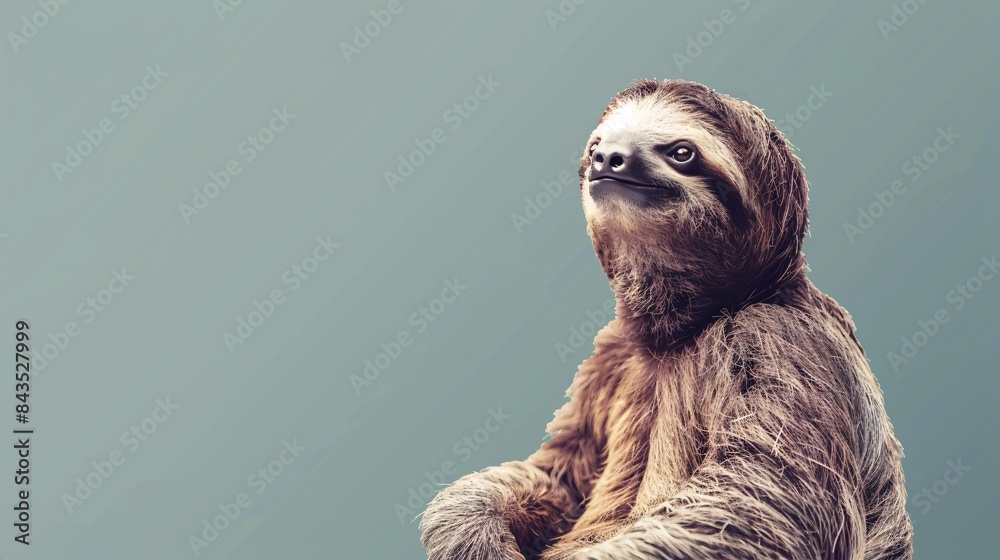 Fototapeta premium A cute Sloth sitting on a solid background with space above for text, Generative AI