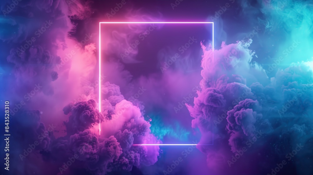 Rectangular neon frame with cosmic smoke in purple, pink, and blue. Abstract 80s-inspired design with glowing, gradient effects for a futuristic, digital look. Rectangular neon frame with cosmic smoke in purple, pink, and blue. Abstract 80s-inspired design with glowing, gradient effects for a futuristic, digital look.