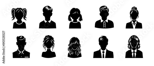 Professional business man and woman. Man, woman, young boy and girl  front view profile silhouette black filled vector Illustration icon.