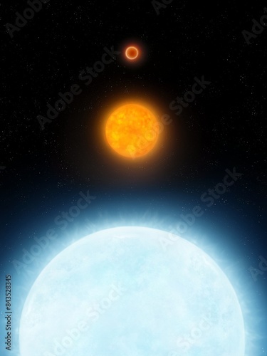 Comparison of stars with different masses. A blue giant star next to the sun and a red dwarf.