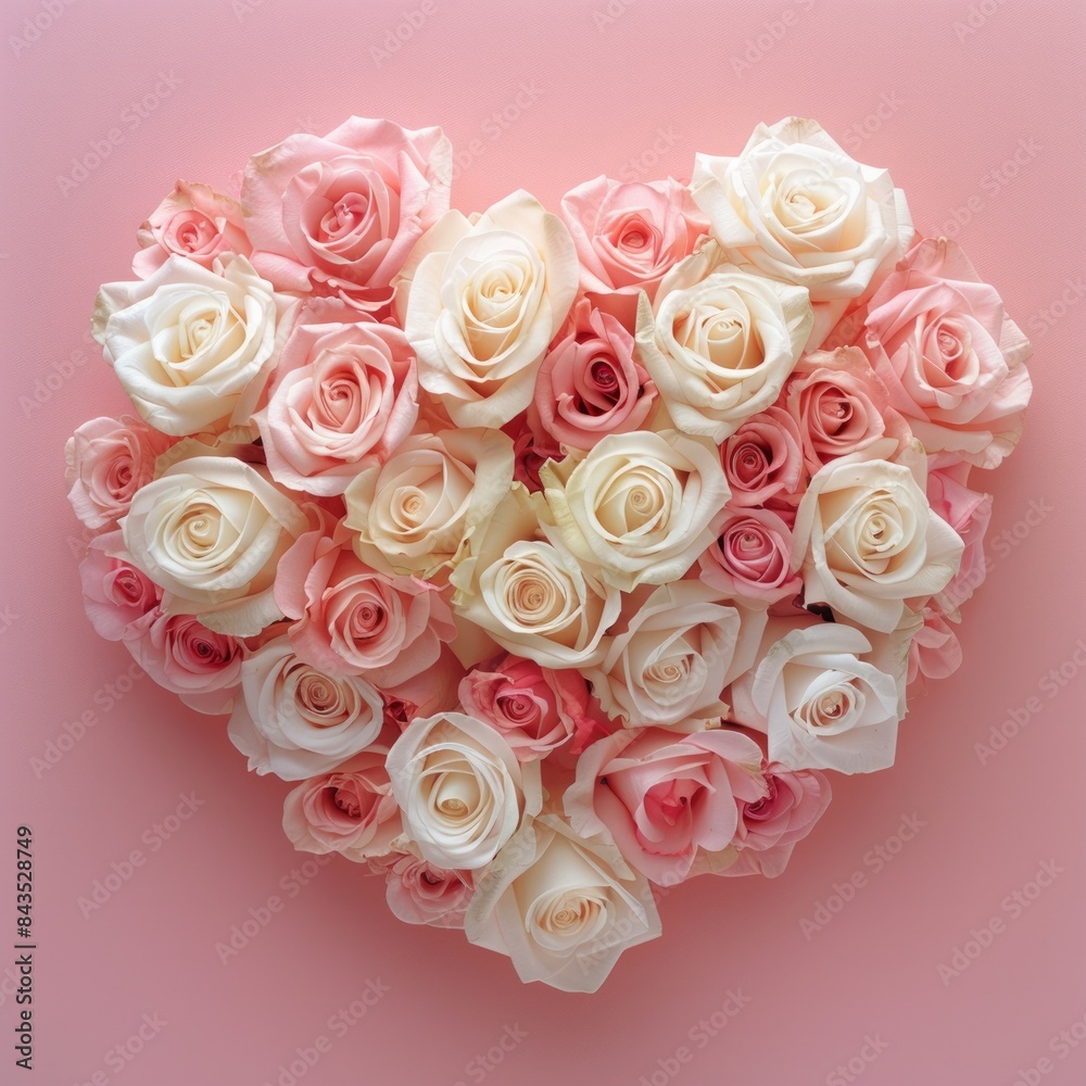 Overhead shot of a beautiful heart-shaped arrangement of fresh pink and white roses on a pink background Overhead shot of a beautiful heart-shaped arrangement of fresh pink and white roses on a pink background