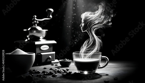 Art de café enchanteur montrant une tasse avec de la vapeur créant une figure dansante, avec un moulin à café vintage en arrière-plan. Idéal pour les passionnés de café photo
