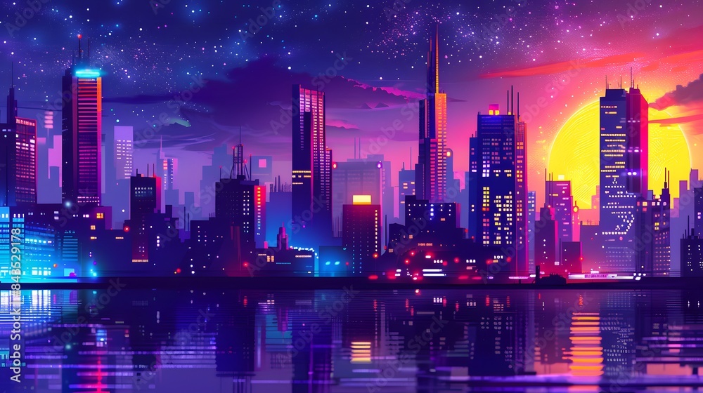 Vibrant Futuristic Cityscape at Sunset with Neon Lights Reflecting on Water, Modern Skyscrapers, and a Starry Sky