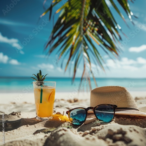 Summer background with a straw hat  sunglasses and cocktail on the background of sea waves and the beach. A creative concept of minimalism for vacations  summer vacations.