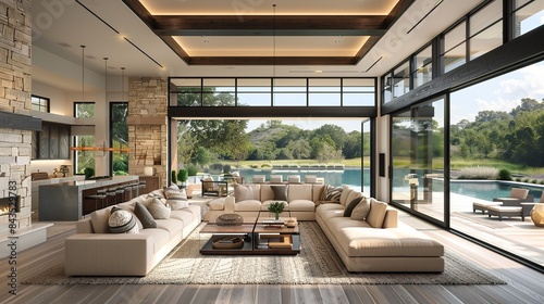 Wallpaper Mural A large, modern sectional sofa sits in the center of a spacious living room with expansive windows offering a view of a pool and lush green trees Torontodigital.ca