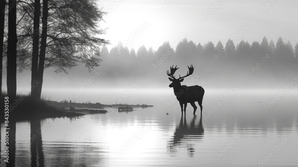 Black and white photography, morning light, Large sky, landscape, lake, trees, buck in background Black and white photography, morning light, Large sky, landscape, lake, trees, buck in background