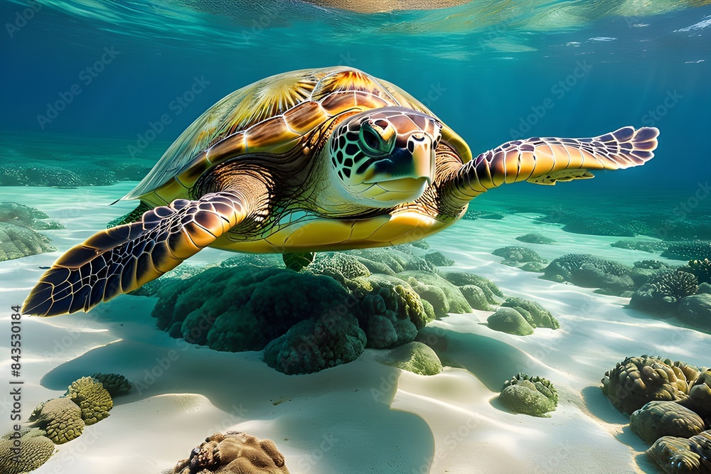 Fototapeta premium An endangered Turtle cruises in the warm shallow waters of the Pacific Ocean