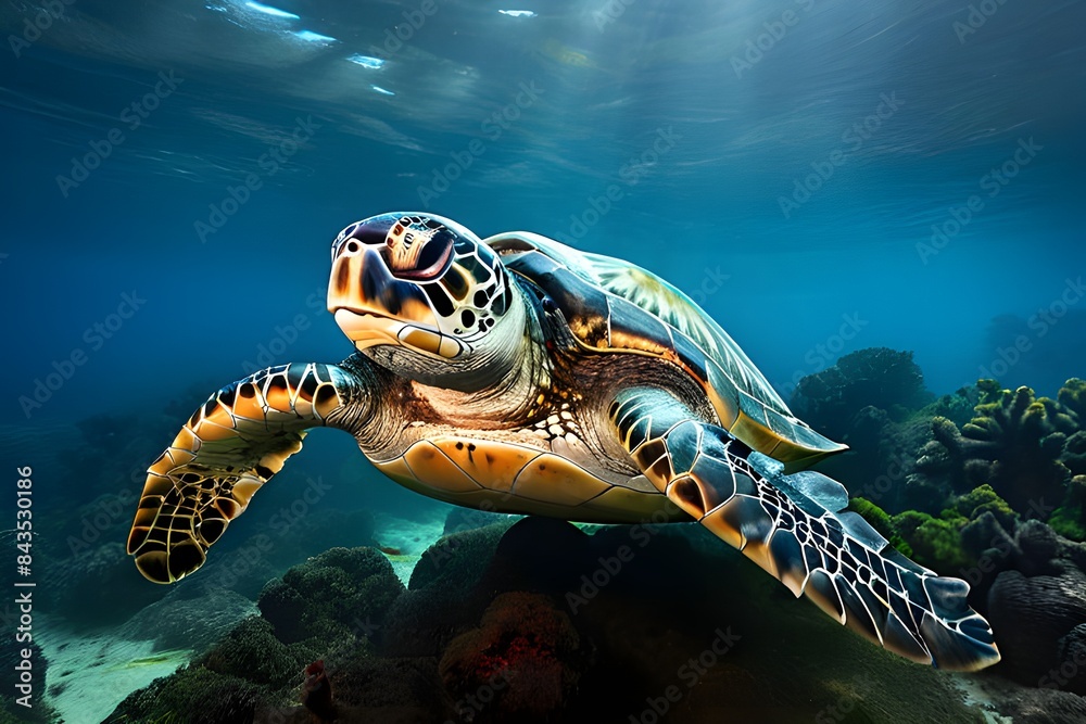 Fototapeta premium An endangered Turtle cruises in the warm shallow waters of the Pacific Ocean