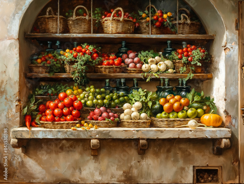 A painting of a fruit stand with a variety of fruits and vegetables. The painting has a warm and inviting mood, with the colors of the fruits and vegetables creating a sense of abundance and freshness