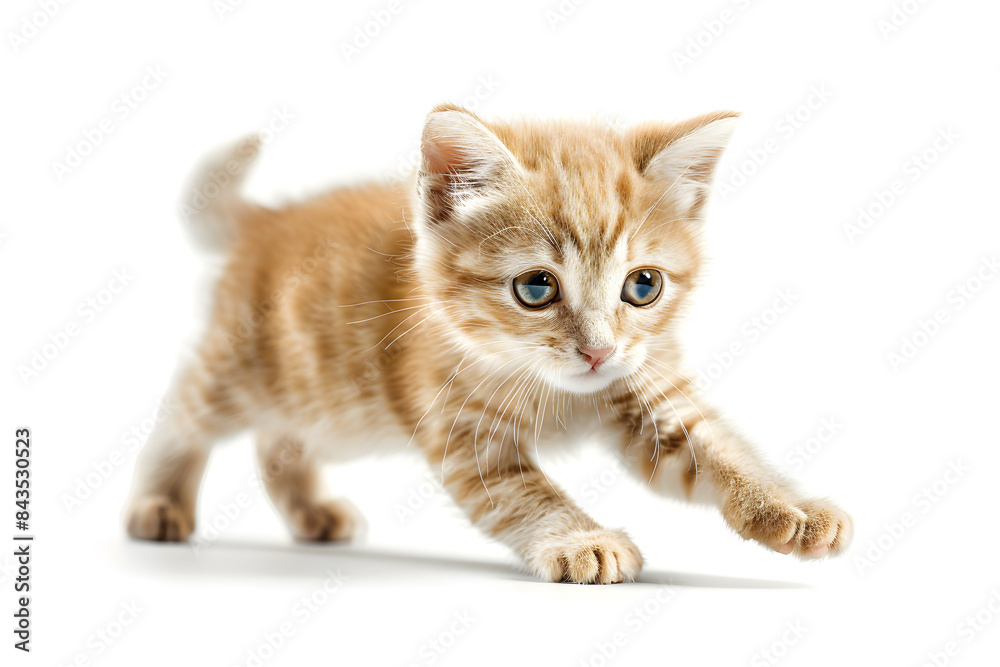 Fototapeta premium Playful kitten, running, playing isolated over white background