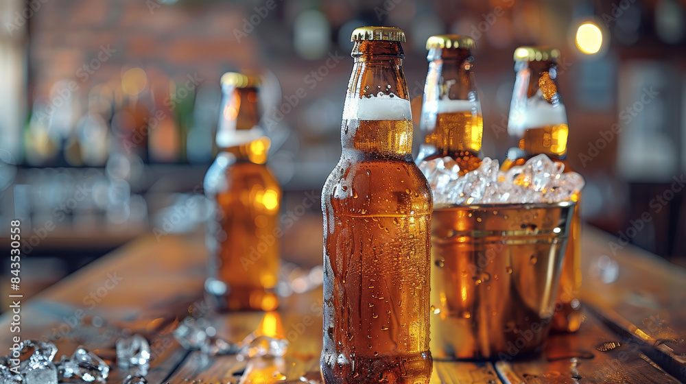 Bottles of beer in an ice bucket with golden accents on a wooden table in a close up view. Generative AI. Bottles of beer in an ice bucket with golden accents on a wooden table in a close up view. Generative AI.