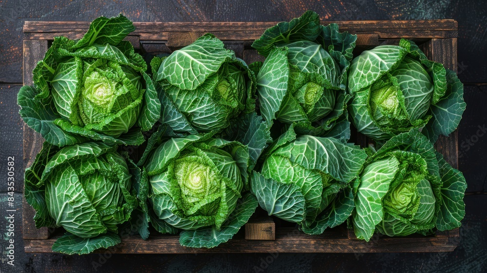 Fototapeta premium food photography, a rustic composition of whole green cabbage heads arranged in a wooden crate, captured with a wide-angle lens to showcase the natural beauty and symmetry of the vegetables