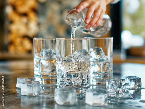 A person is pouring water into four glasses on a table. The glasses are filled with ice cubes and the water is poured from a pitcher. Concept of refreshment and relaxation
