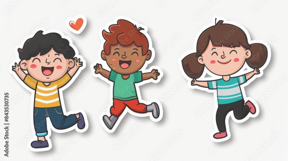 flat sticker design, happy kids, smiling faces, the sticker has thick bold white outline, white background, 16:9 flat sticker design, happy kids, smiling faces, the sticker has thick bold white outline, white background, 16:9