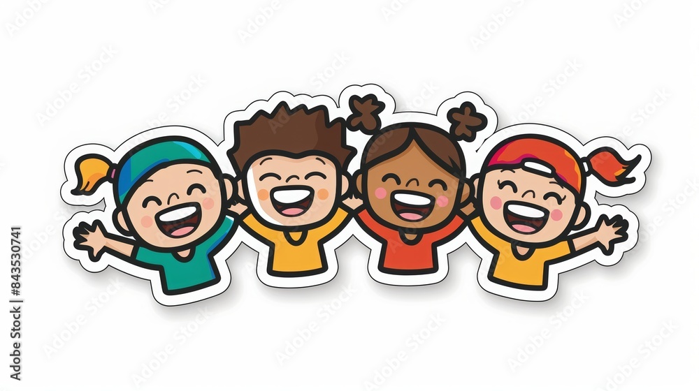 flat sticker design, happy kids, smiling faces, the sticker has thick bold white outline, white background, 16:9 flat sticker design, happy kids, smiling faces, the sticker has thick bold white outline, white background, 16:9