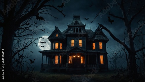 Spooky haunted house with bats and spiders against an ultra-dark Halloween backdrop. © xKas
