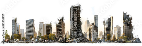 Photorealistic skyscrapers in the destroyed city isolated on a white background. Set of post-apocalyptic skyscrapers in different stages