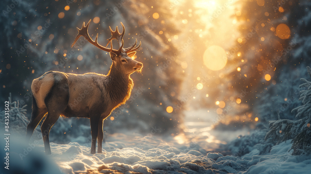Noble deer male in winter snow forest. Artistic winter christmas landscape. Noble deer male in winter snow forest. Artistic winter christmas landscape.