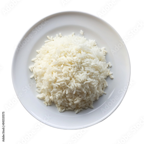 Rice on a white plate top view Isolated on transparent background