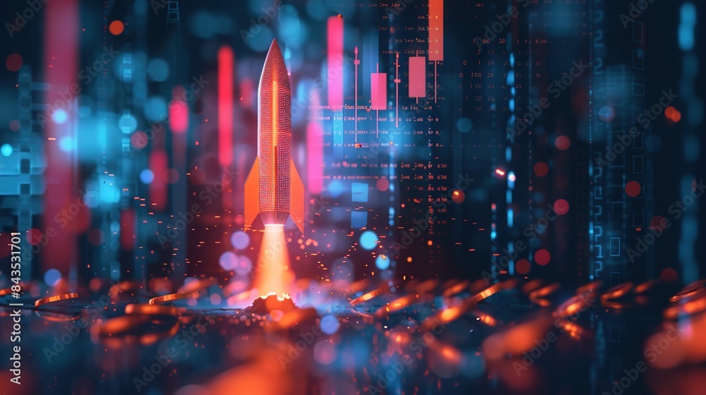 Abstract image of a digital rocket boosting a statistic candle chart, surrounded by dollar coins and rising graph lines.